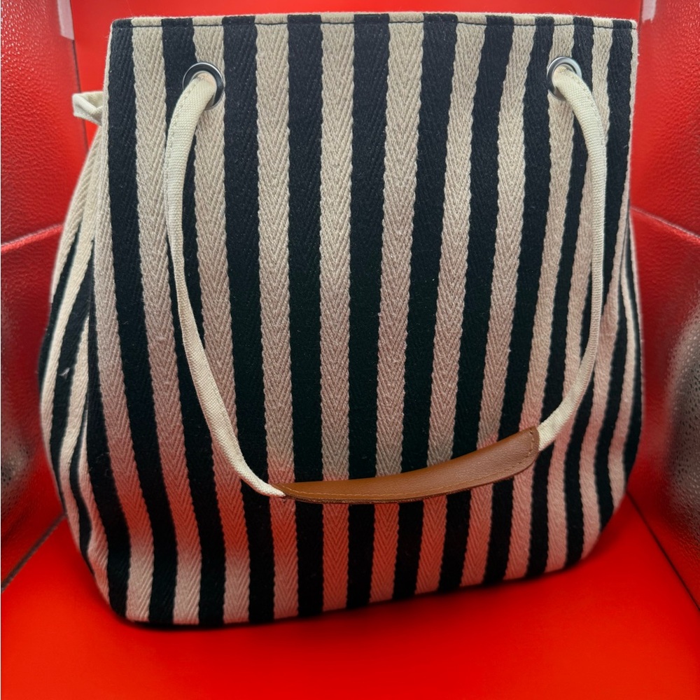 NEW-Striped Black and Cream Canvas Tote/Bucket Style Shoulder Bag